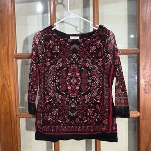 Charter Club Blouse Women's Red Black Colorful Floral V-Neck Sheer Shirt Small